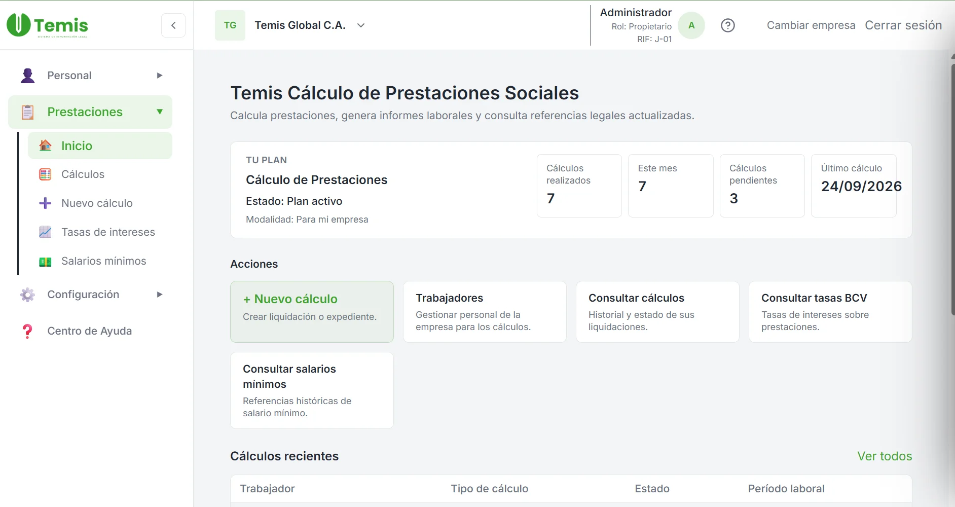 Pantalla principal de Temis Prestaciones Sociales